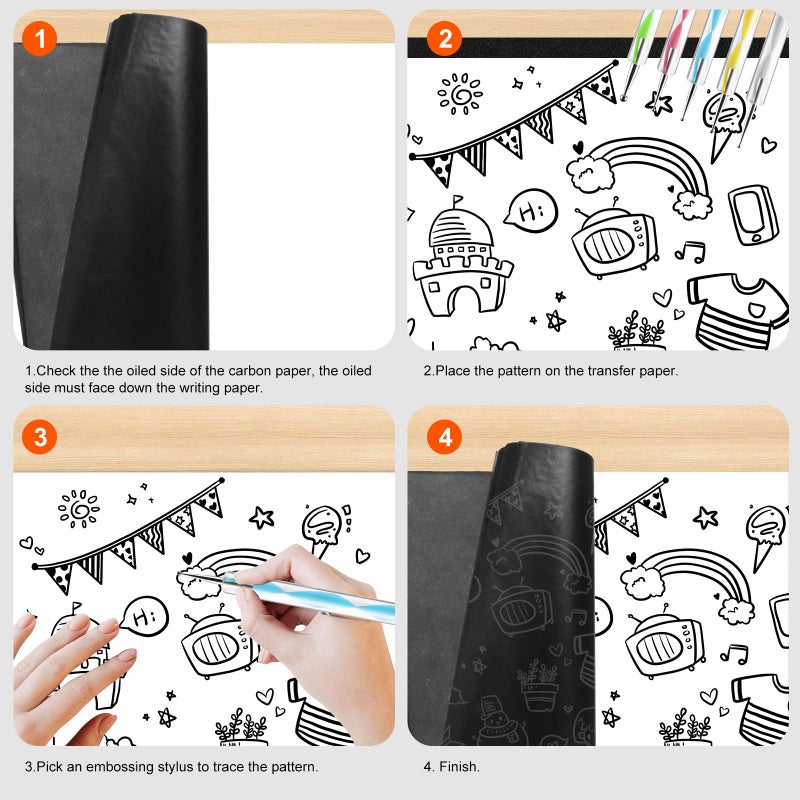 Ueerdand 200 Sheets Carbon Paper Black Graphite Paper Transfer Tracing Paper and 5 Pieces Ball Embossing Styluses for DIY Woodworking, Paper, Canvas and Other Art Craft Surfaces - Image 3